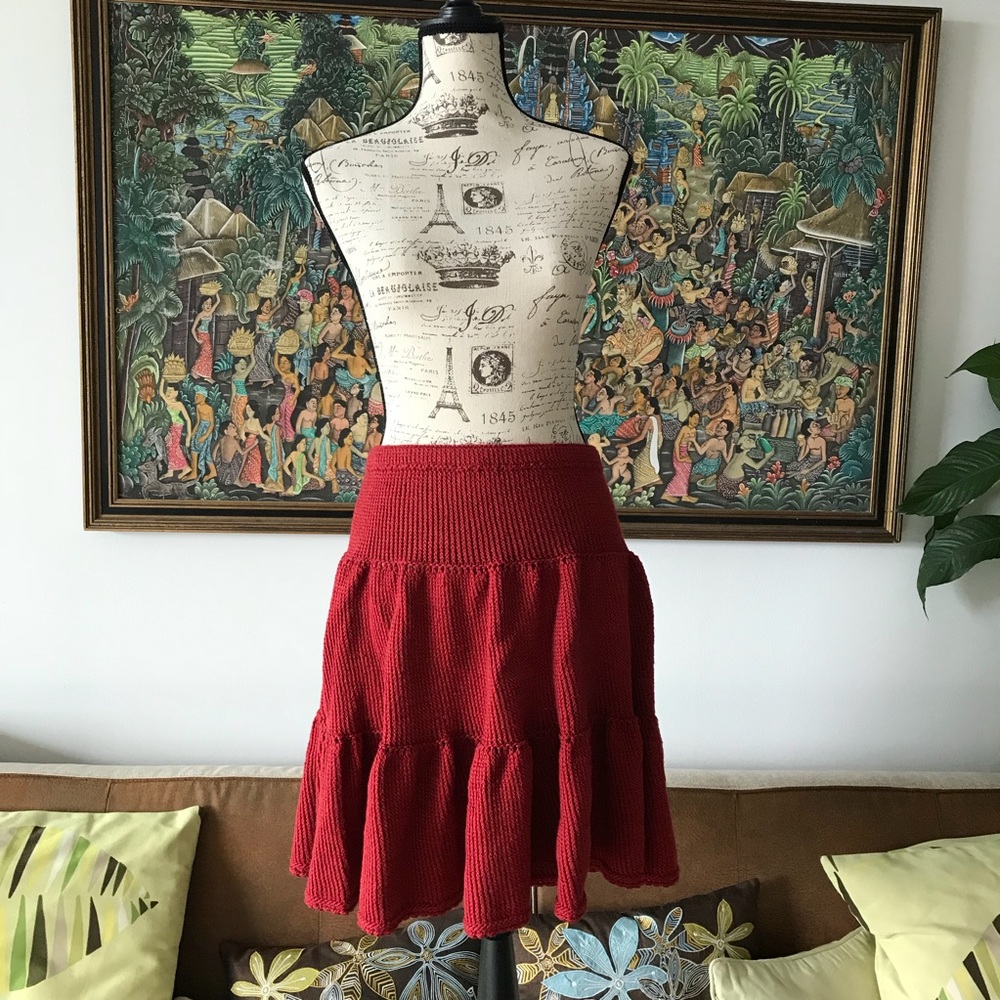 Vogue chunky Red Knit Pleat Tiered Circle Skirt M